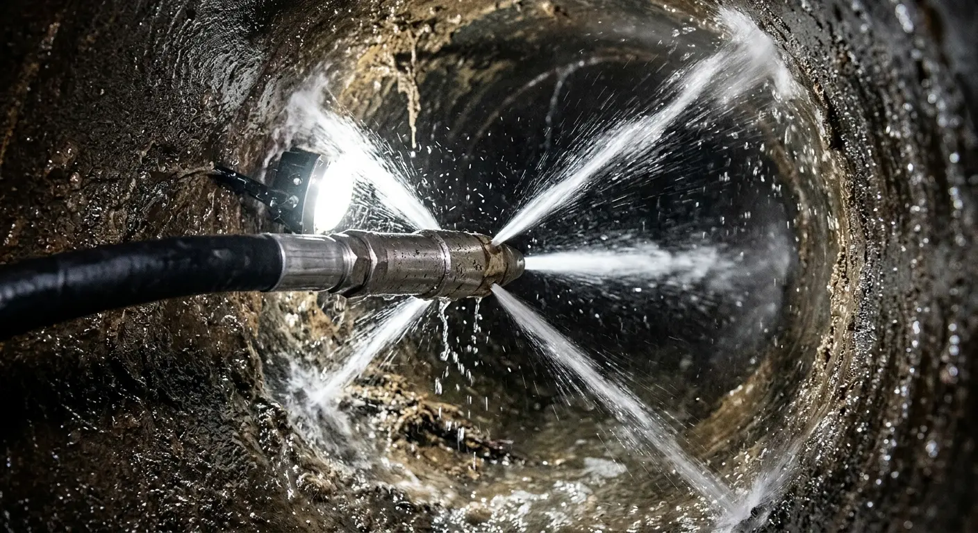 High-pressure hydro jetting nozzle cleaning sewer pipe for Trenchless Sewer Repair in Fairborn