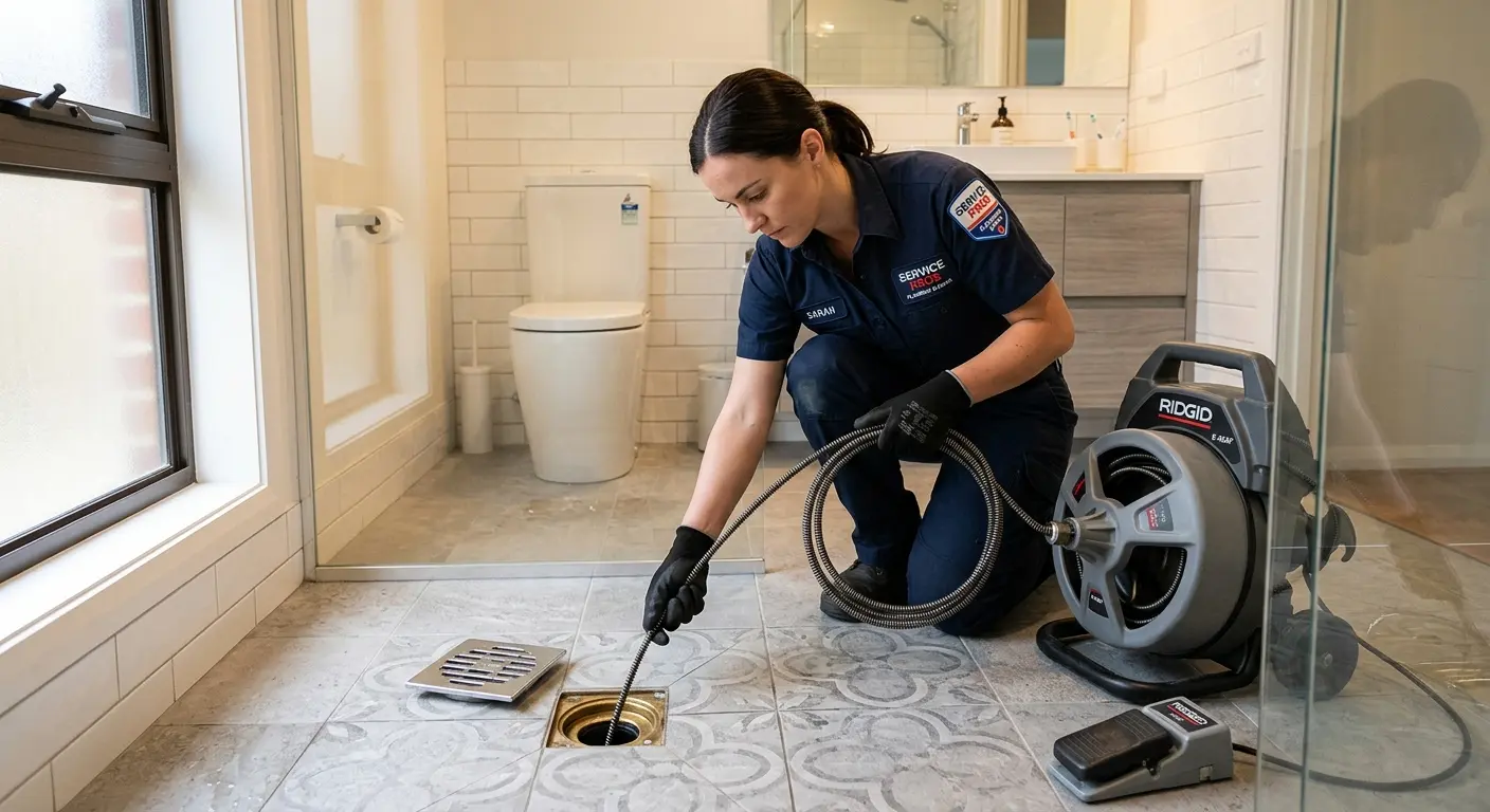 Technician clearing a bathroom floor drain for Hydro Jetting in Fairborn